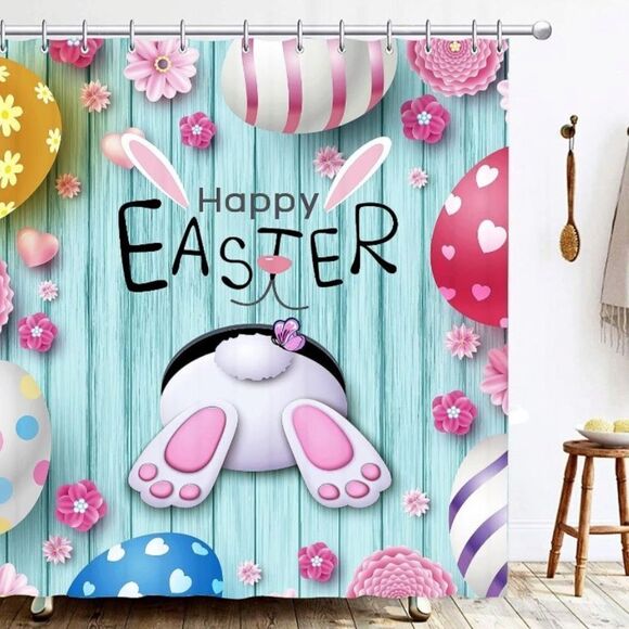 COPY - Easter Funny Bathroom Shower Curtain Happy Rabbit Bunny Waterproof - Picture 1 of 1